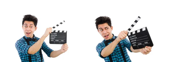 Man with movie clapperboard isolated on white — Stock Photo, Image