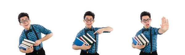 Estudante engraçado com pilha de livros — Fotografia de Stock