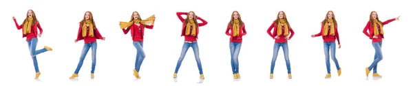 Nettes lächelndes Mädchen in roter Jacke und Jeans isoliert auf weiß — Stockfoto