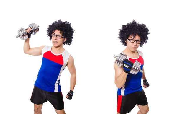 Homem engraçado exercitando com halteres — Fotografia de Stock