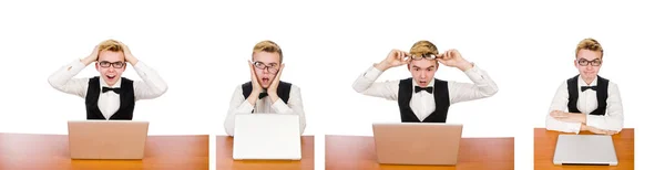 Estudante inteligente sentado com laptop isolado no branco — Fotografia de Stock