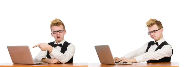 Estudiante inteligente sentado con portátil aislado en blanco —  Fotos de Stock