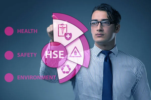Concepto HSE con empresario presionando botón virtual —  Fotos de Stock
