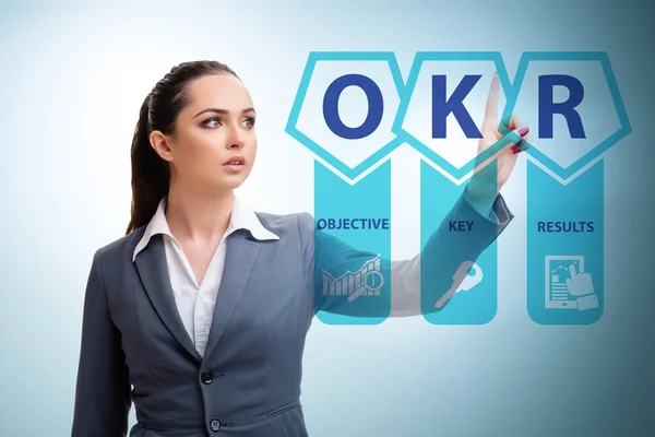 Concept OKR avec des résultats clés objectifs et femme d'affaires — Photo