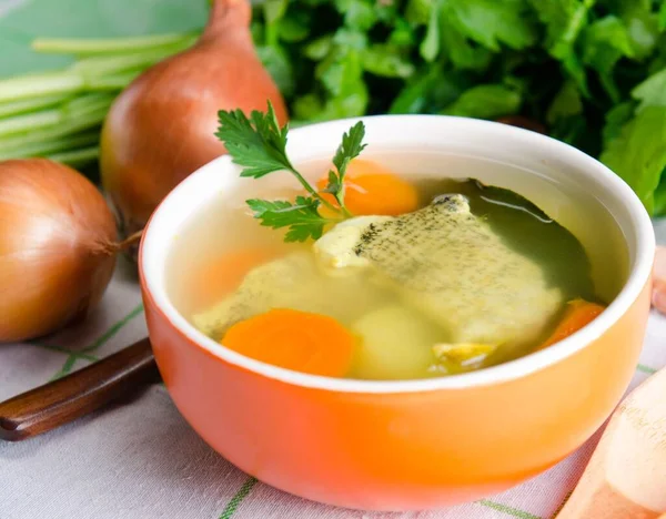 Sopa de peixe servida na mesa em prato — Fotografia de Stock