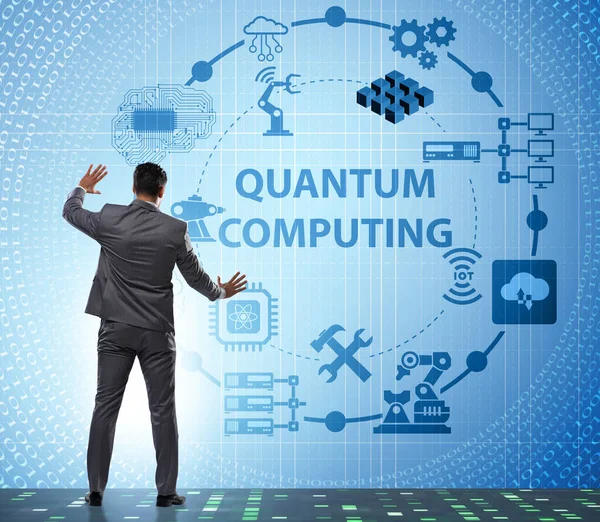 Businessman pressing virtual button in quantum computing concept — Stock Photo, Image