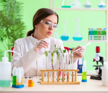 Güzel kadın biyoteknoloji bilim adamı kimyager laboratuarda çalışıyor.