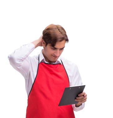 Genç garson beyaz arka planda izole edilmiş.