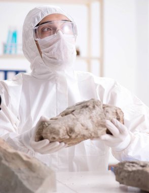 Bilimadamları laboratuarda taş örnekleri arıyor.