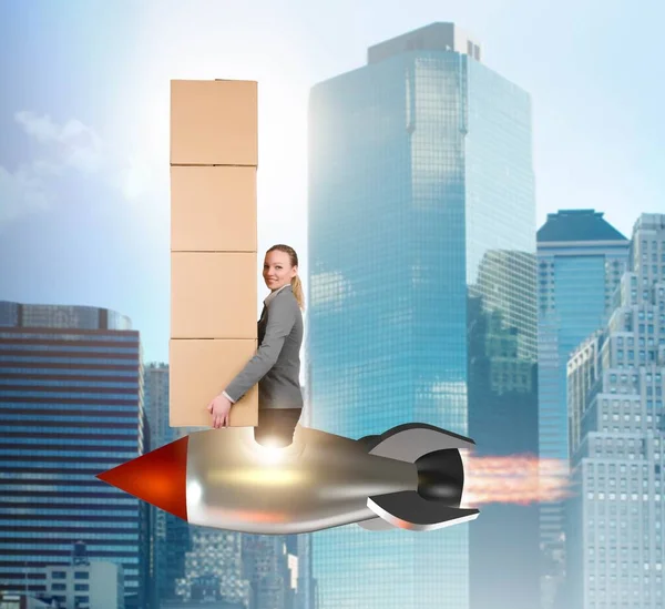 Woman flying rocket and delivering boxes