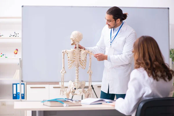 Jonge mannelijke leraar arts, skelet en vrouwelijke student in de cl — Stockfoto