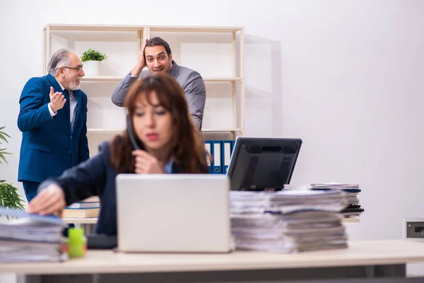 사무실에서 일하는 두 명의 남자와 한 명의 여자 직원 — 스톡 사진
