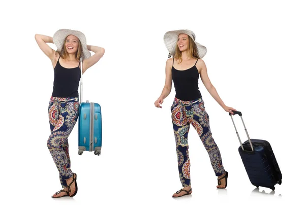 Mulher pronta para viajar de verão isolado em branco — Fotografia de Stock