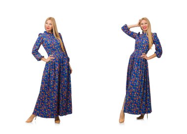 Mavi çiçekli elbisesi olan genç bir kadın, beyaz tenli.