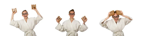 Rolig kvinna i kimono med tegel på vitt — Stockfoto