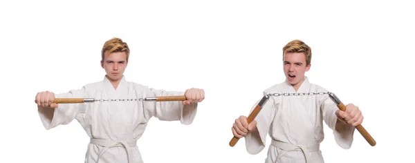 Grappige karate vechter met nunchucks op wit — Stockfoto