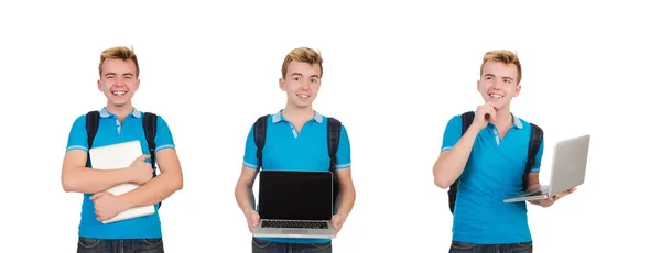 Student mit Laptop isoliert auf weiß — Stockfoto