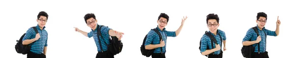 Student s batohem izolované na bílém — Stock fotografie