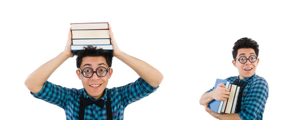 Estudante engraçado com pilha de livros — Fotografia de Stock