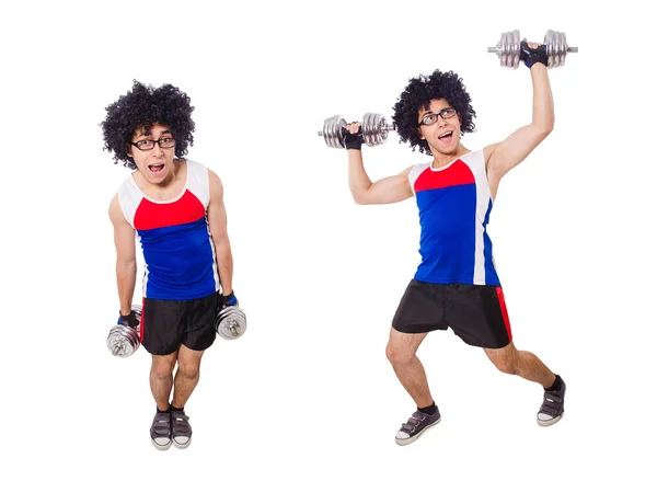Funny man exercising with dumbbells — Stock Photo, Image