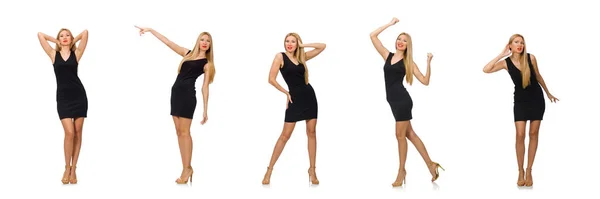 Young pretty woman in mini black dress isolated on white — Stock Photo, Image