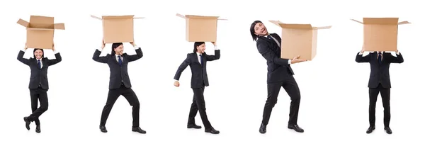 Funny man with boxes on white — Stock Photo, Image