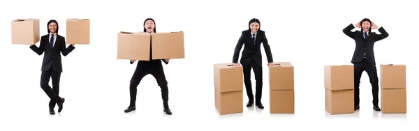 Hombre divertido con cajas en blanco — Foto de Stock