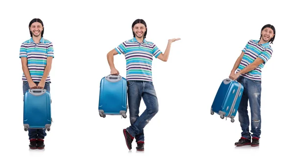 Young man travelling with suitcases isolated on white — Stock Photo, Image