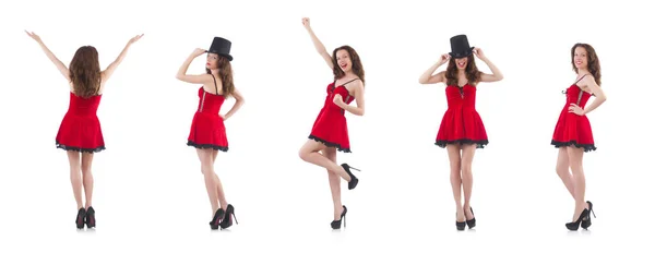 Νεαρή γυναίκα μοντέλο ποζάρουν σε κόκκινο μίνι φόρεμα — Φωτογραφία Αρχείου