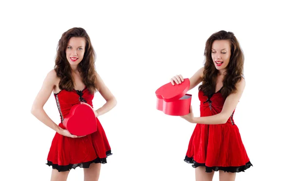 Young girl in red dress with heart casket isolated on white — Stock Photo, Image