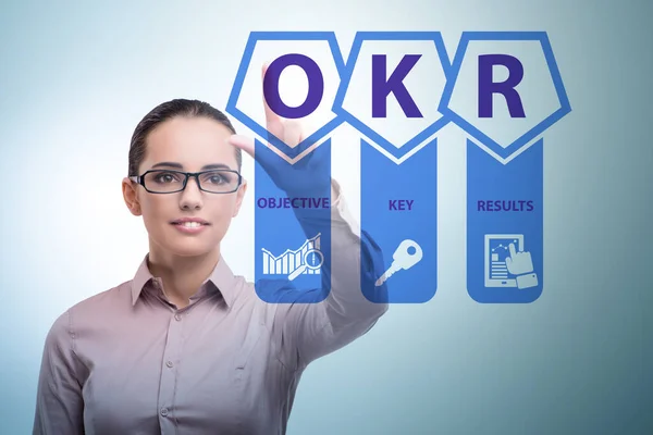 Concepto OKR con resultados clave objetivos y empresaria — Foto de Stock