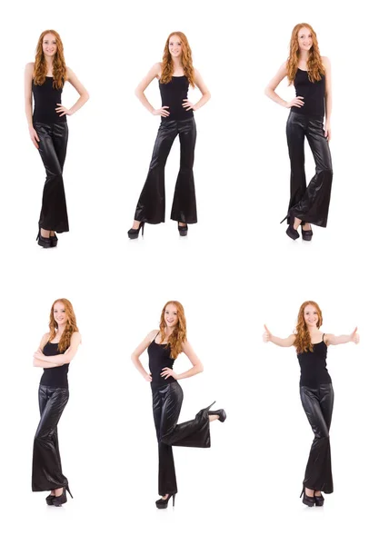 Redhead woman in black bell bottom pants on white — Stock Photo, Image