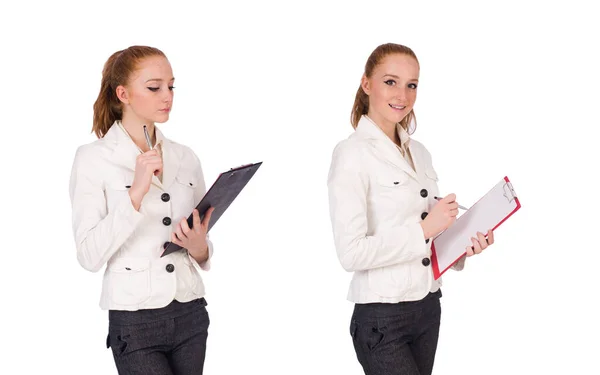 Red hair girl holding paper isolated on white — Stock Photo, Image