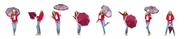 Junge Frau mit Regenschirm auf weißem Grund — Stockfoto