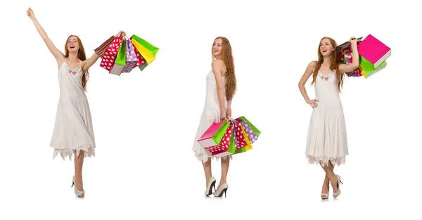 Donna con shopping bags isolata su bianco — Foto Stock