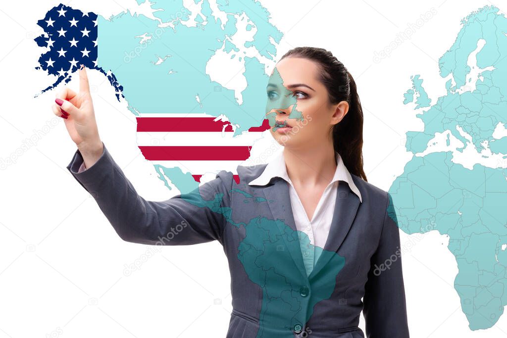 Concept of immigration to USA with virtual button pressing