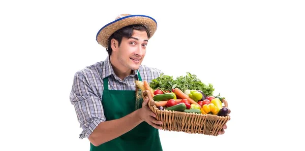 Mladý zemědělec s čerstvým produktem izolované na bílém pozadí — Stock fotografie