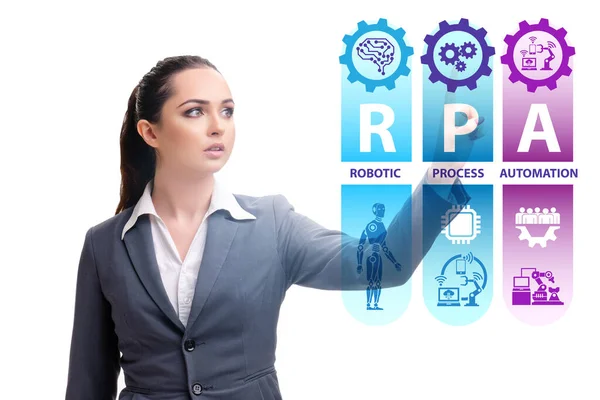 Affärskvinna trycka på knappar i RPA koncept — Stockfoto