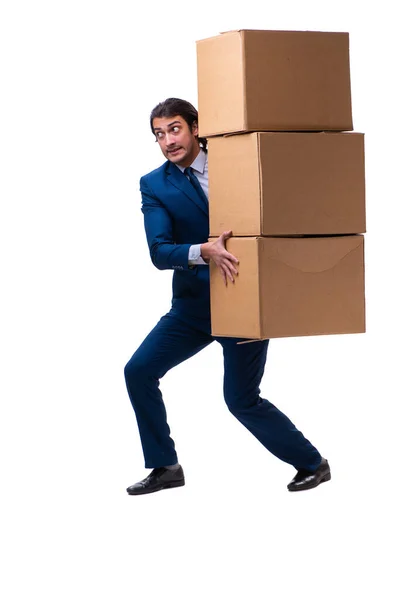 Young male employee with boxes isolated on white — Stock Photo, Image