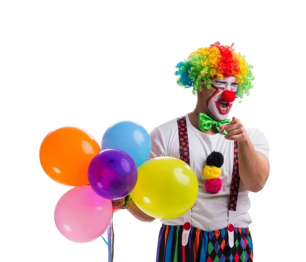 Rolig clown med ballonger isolerade på vit bakgrund — Stockfoto