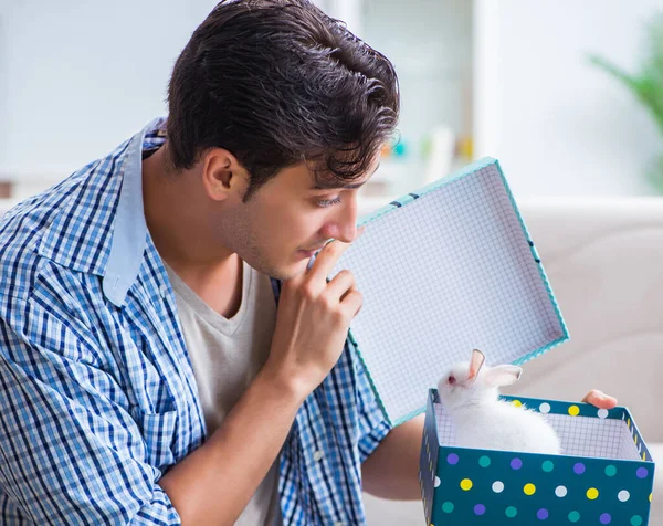 Giovane uomo ottenere coniglio come regalo di compleanno — Foto Stock