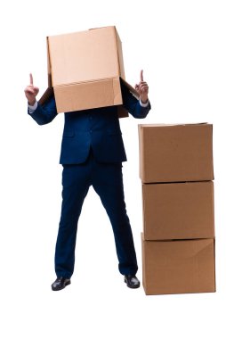 Kutuları beyaza izole edilmiş genç erkek çalışan.