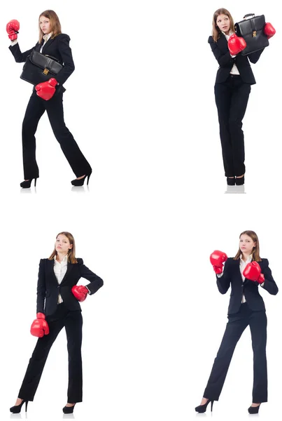 Businesswoman with boxing gloves isolated on white — Stock Photo, Image