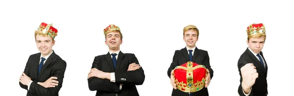 白で隔離された王冠を持つビジネスマン — ストック写真