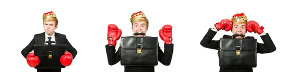 Смішний бізнесмен з короною і боксерськими рукавичками — стокове фото