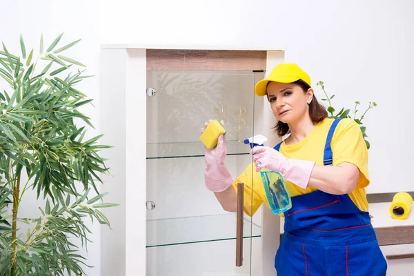 Vecchio appaltatore donna che fa lavori domestici — Foto Stock