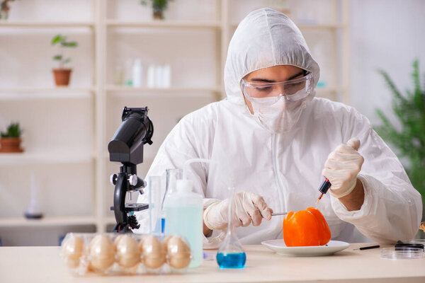 Ученый, работающий в лаборатории по ГМО фрукты и овощи