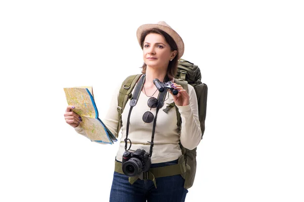 Turista feminino envelhecido isolado em branco — Fotografia de Stock