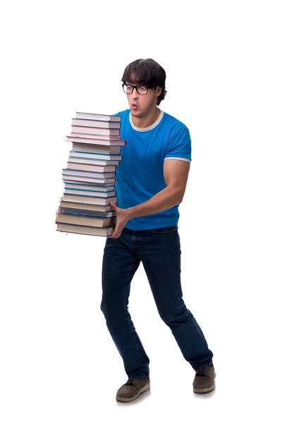 Estudante do sexo masculino com muitos livros isolados em branco — Fotografia de Stock