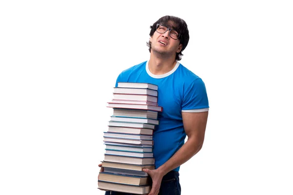 Étudiant masculin avec de nombreux livres isolés sur blanc — Photo